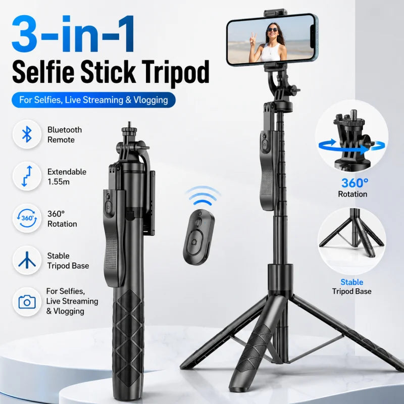 3-in-1 Selfie Stick Tripod with Bluetooth Remote